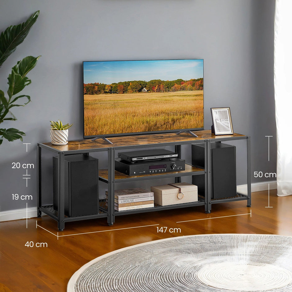 TV Stand – Wood and Metal – Rustic Brown and Black – 3-Tier Entertainment Console for Living Room