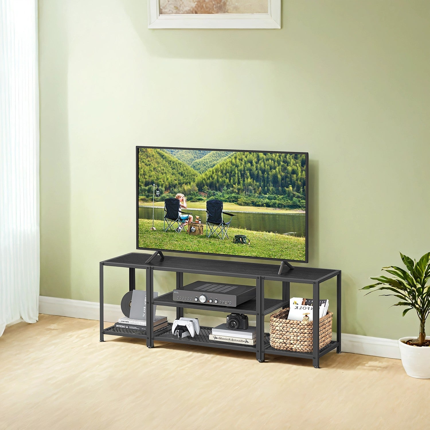 TV Stand – Wood and Metal – Rustic Brown and Black – 3-Tier Entertainment Console for Living Room