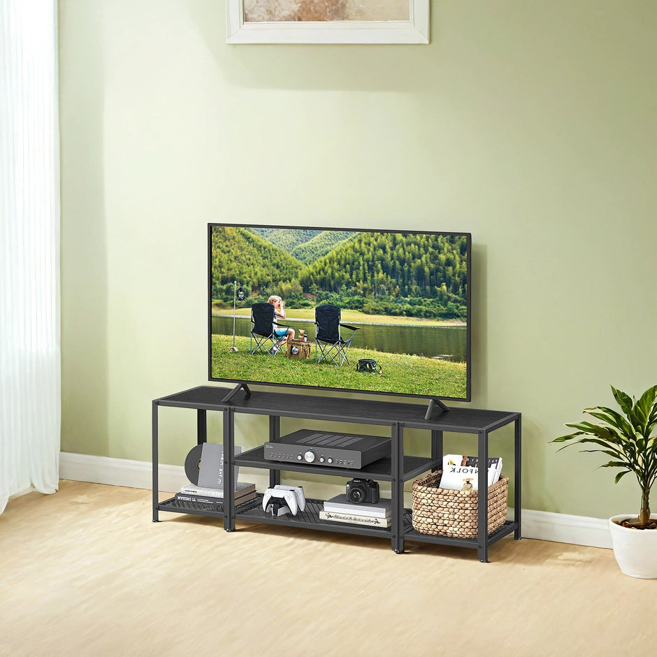 TV Stand – Wood and Metal – Rustic Brown and Black – 3-Tier Entertainment Console for Living Room