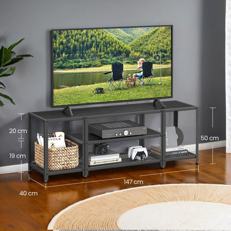 TV Stand – Wood and Metal – Rustic Brown and Black – 3-Tier Entertainment Console for Living Room