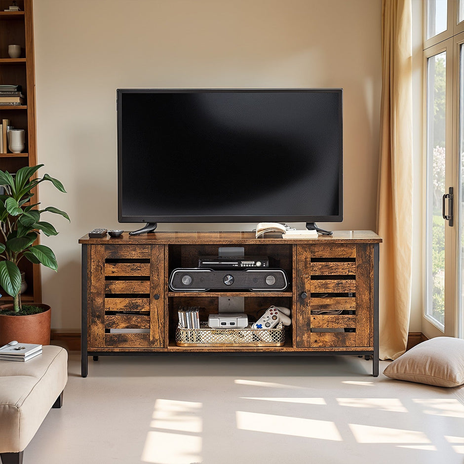 Media Console Table – Wood – Brown and Black – Louvered Doors with Storage