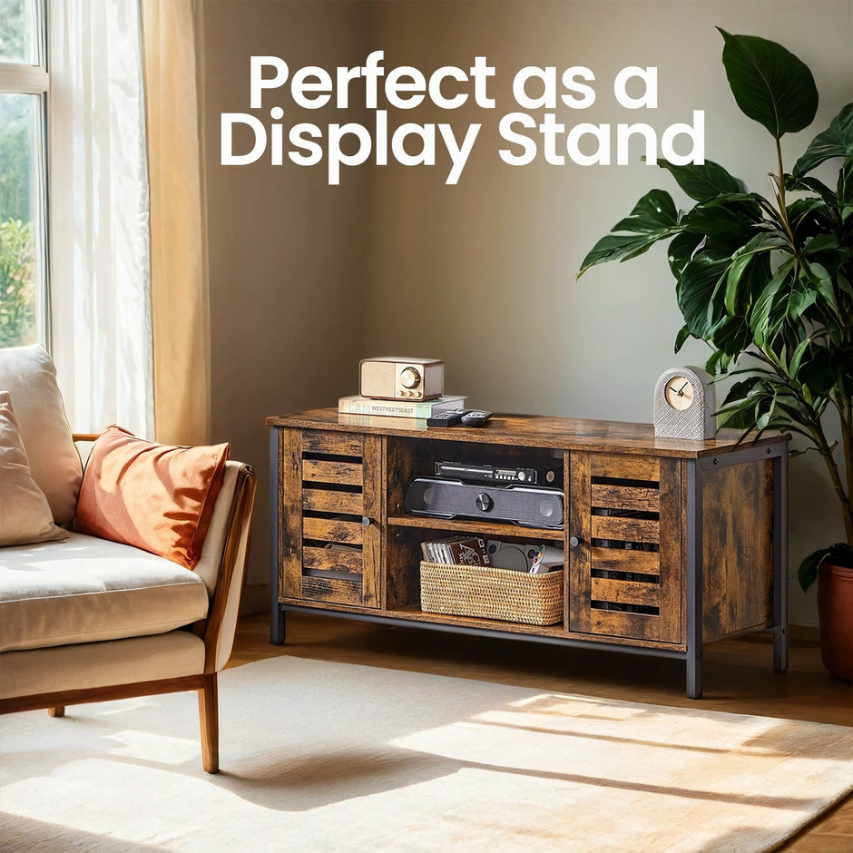 Media Console Table – Wood – Brown and Black – Louvered Doors with Storage