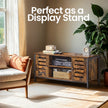 Media Console Table – Wood – Brown and Black – Louvered Doors with Storage