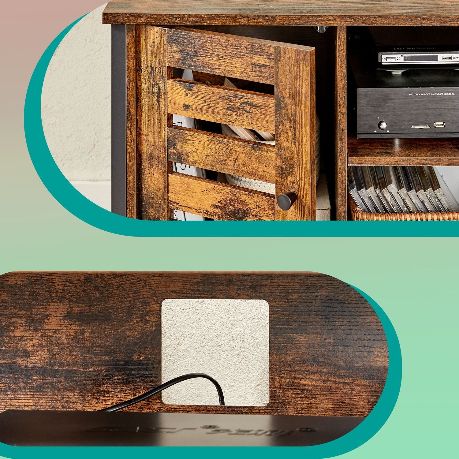 Media Console Table – Wood – Brown and Black – Louvered Doors with Storage