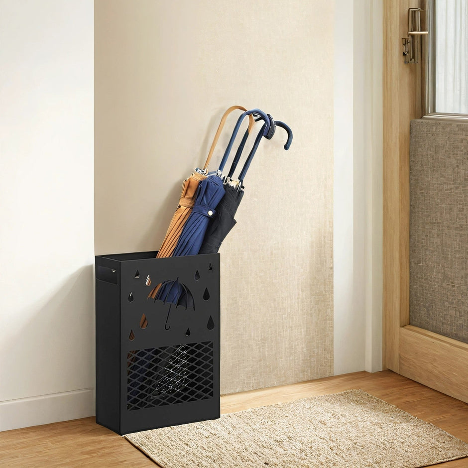 Umbrella Stand – Metal – Black – Rectangular with Removable Drip Tray and 4 Hooks