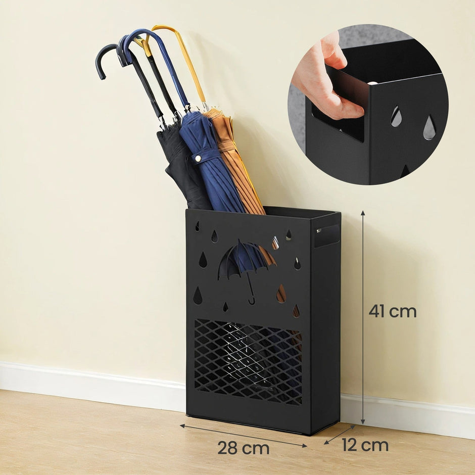 Umbrella Stand – Metal – Black – Rectangular with Removable Drip Tray and 4 Hooks