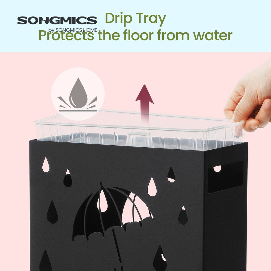 Umbrella Stand – Metal – Black – Rectangular with Removable Drip Tray and 4 Hooks