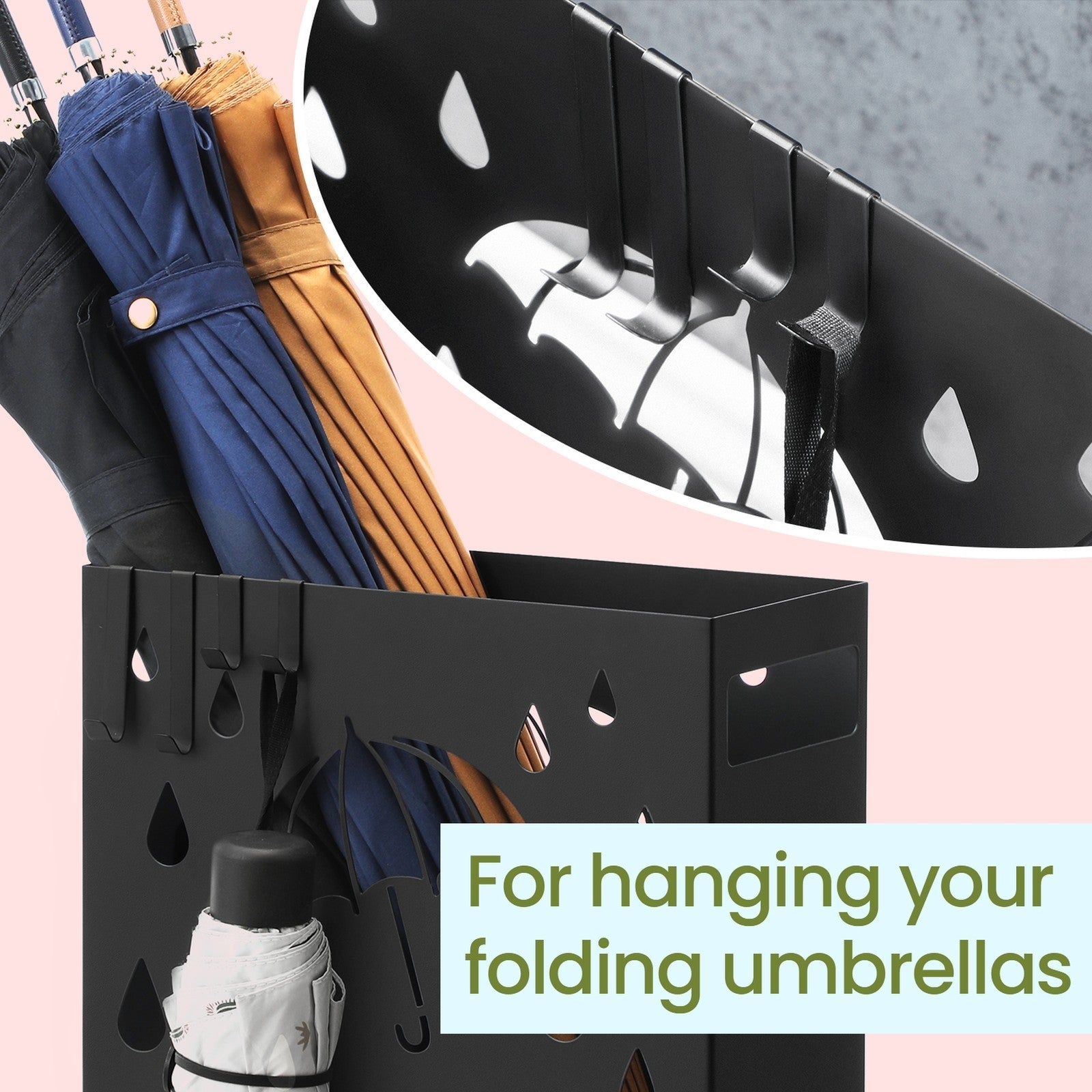 Umbrella Stand – Metal – Black – Rectangular with Removable Drip Tray and 4 Hooks