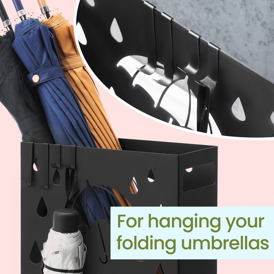 Umbrella Stand – Metal – Black – Rectangular with Removable Drip Tray and 4 Hooks
