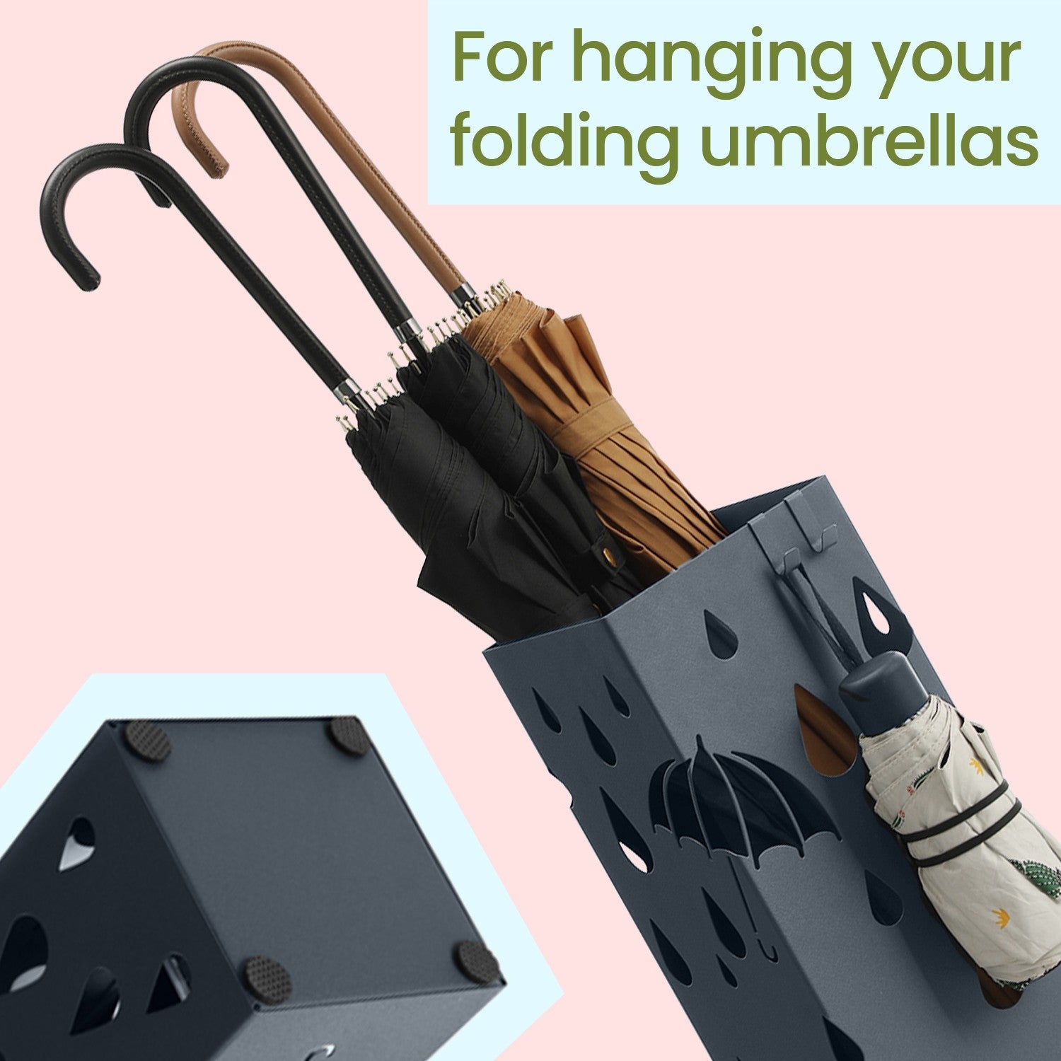 Umbrella Stand – Metal – Anthracite Grey – Square Design with Drip Tray and Hooks