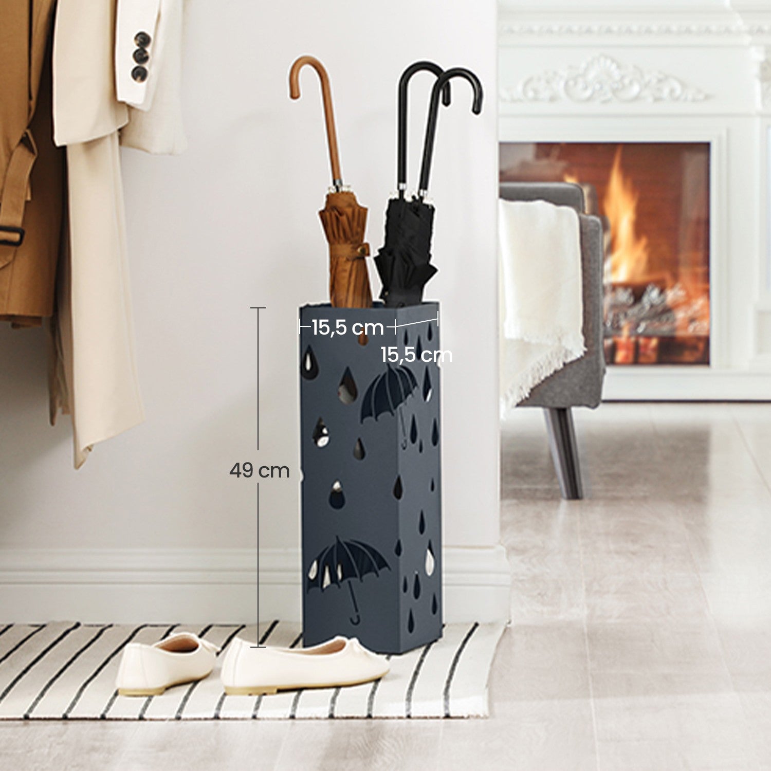 Umbrella Stand – Metal – Anthracite Grey – Square Design with Drip Tray and Hooks