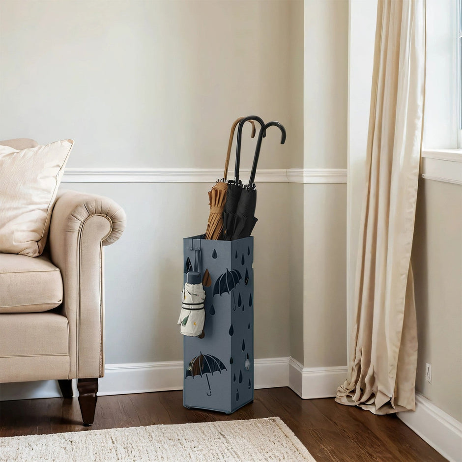Umbrella Stand – Metal – Anthracite Grey – Square Design with Drip Tray and Hooks
