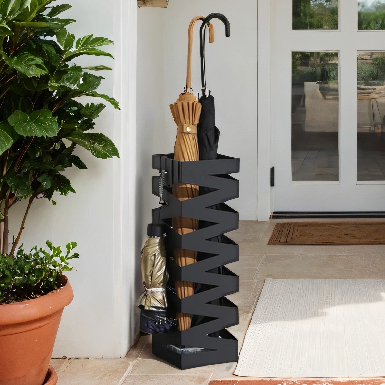 Umbrella Stand – Metal – White – Square with 4 Hooks and Removable Water Tray