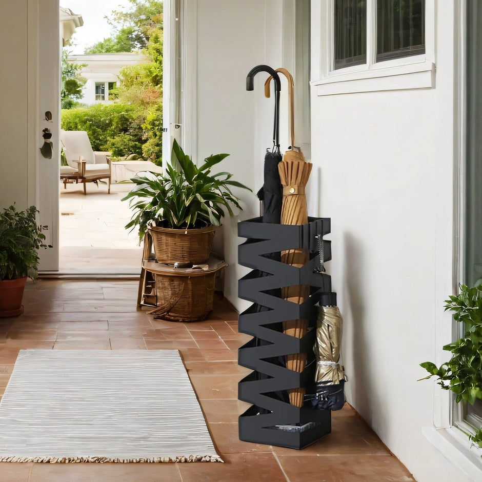 Umbrella Stand – Metal – White – Square with 4 Hooks and Removable Water Tray