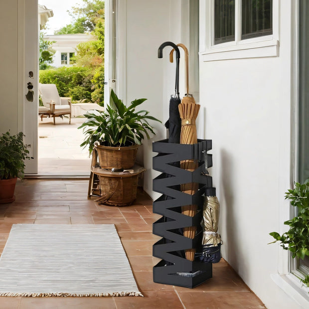 Umbrella Stand – Metal – White – Square with 4 Hooks and Removable Water Tray