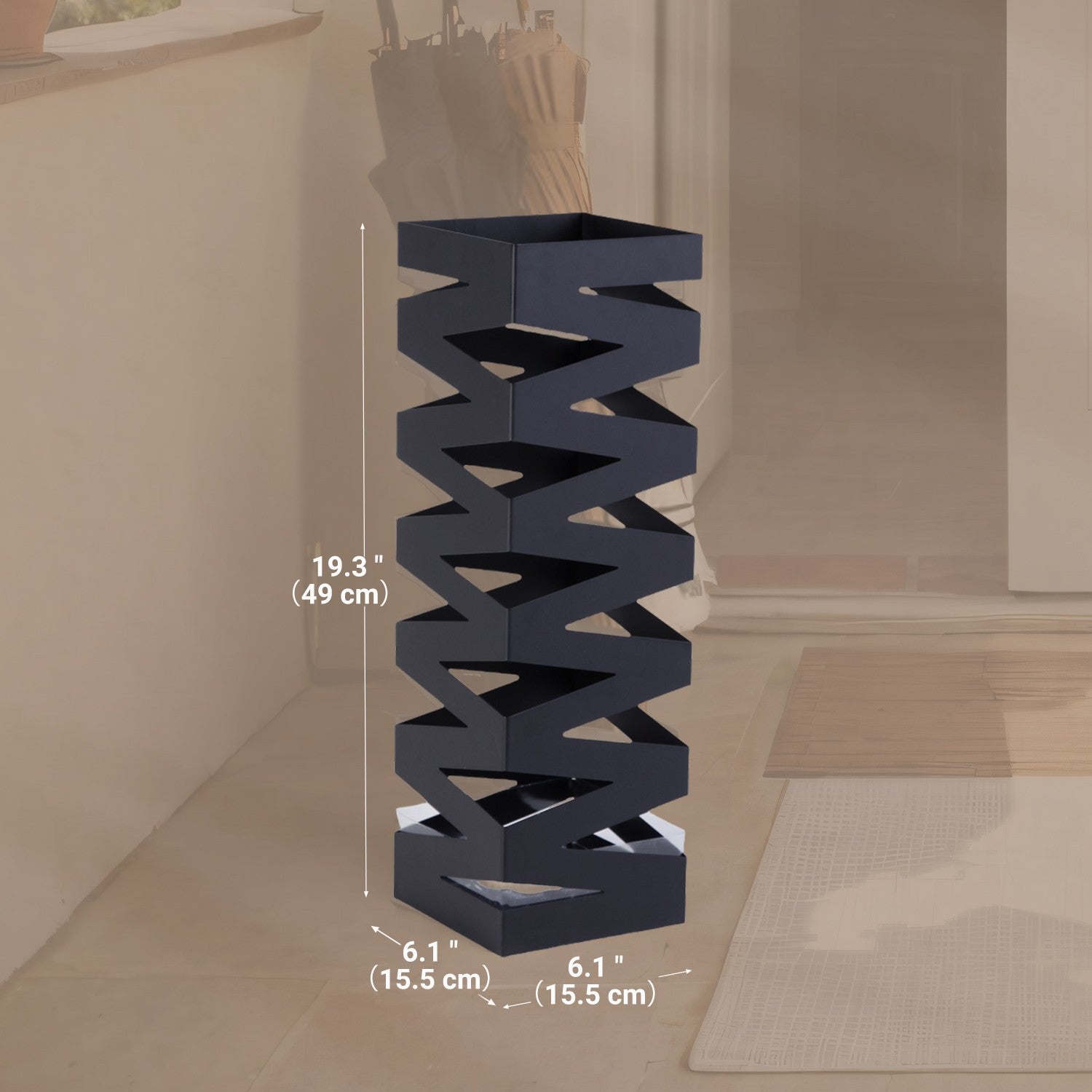 Umbrella Stand – Metal – White – Square with 4 Hooks and Removable Water Tray