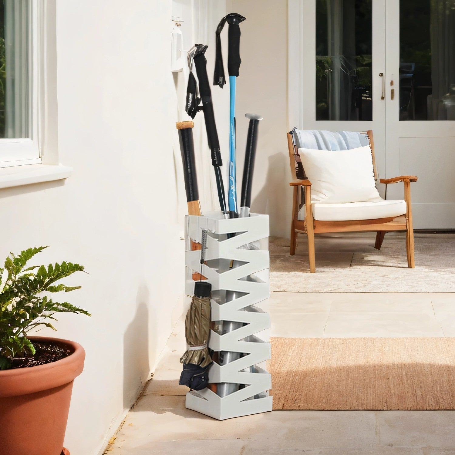 Umbrella Stand – Metal – White – Square with 4 Hooks and Removable Water Tray
