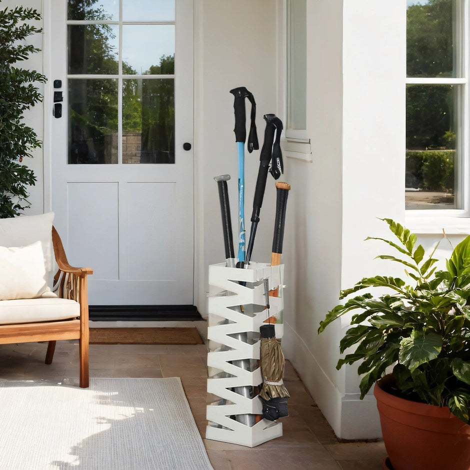 Umbrella Stand – Metal – White – Square with 4 Hooks and Removable Water Tray