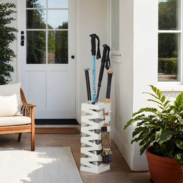Umbrella Stand – Metal – White – Square with 4 Hooks and Removable Water Tray