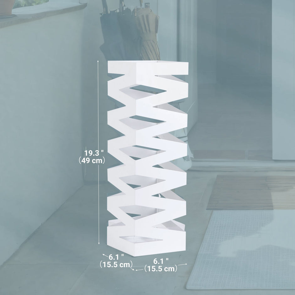 Umbrella Stand – Metal – White – Square with 4 Hooks and Removable Water Tray