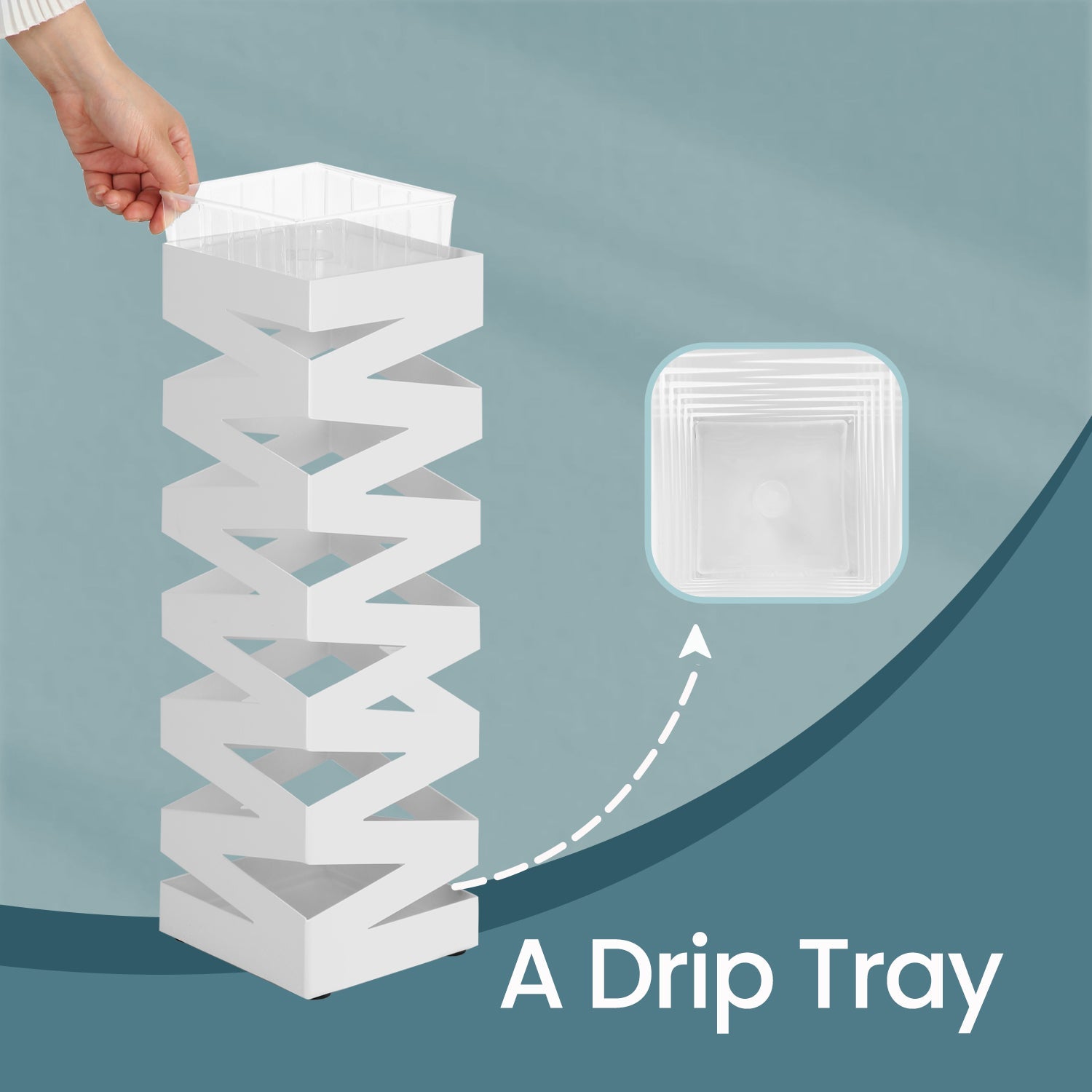 Umbrella Stand – Metal – White – Square with 4 Hooks and Removable Water Tray