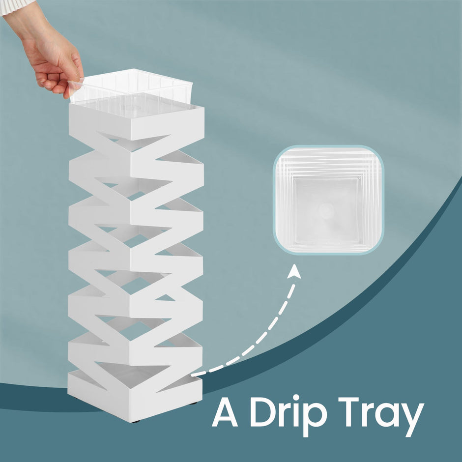 Umbrella Stand – Metal – White – Square with 4 Hooks and Removable Water Tray