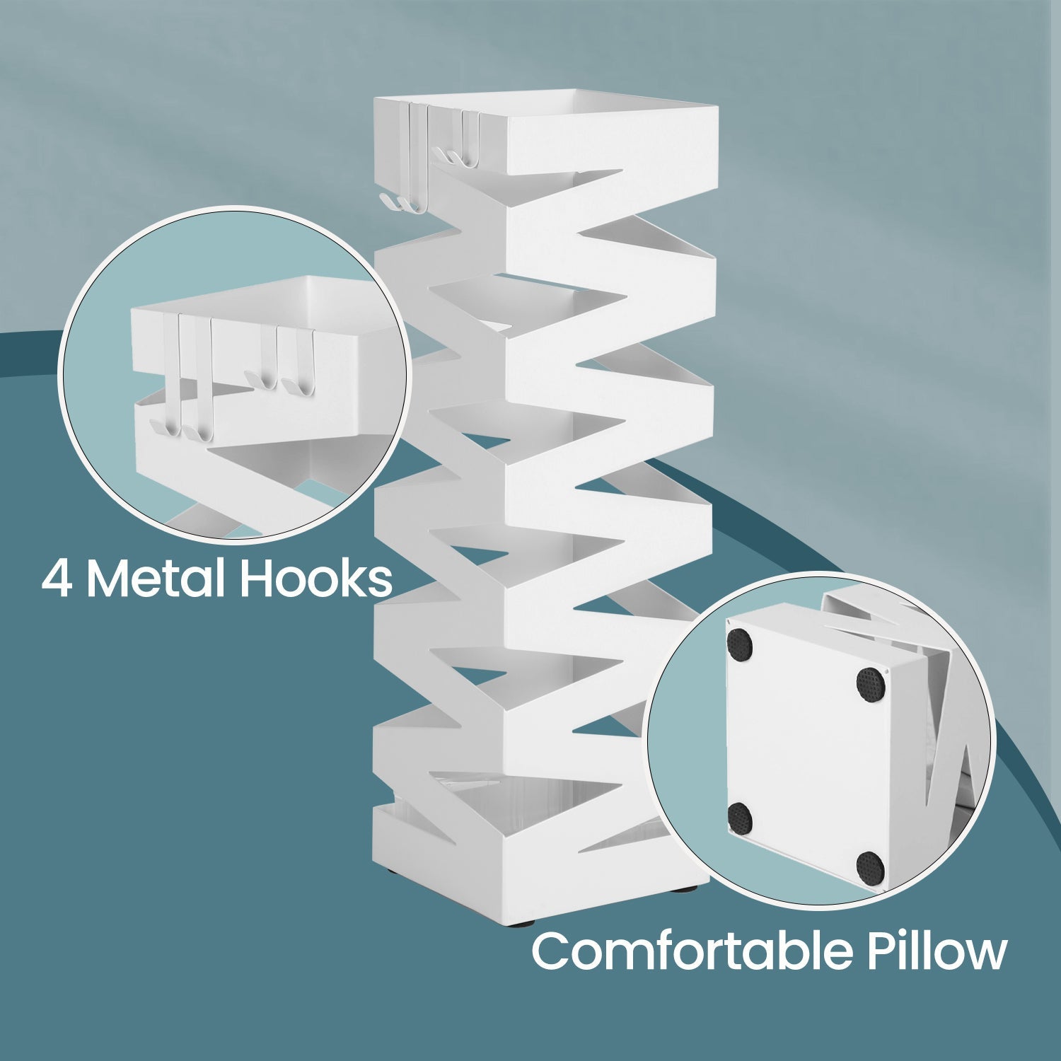 Umbrella Stand – Metal – White – Square with 4 Hooks and Removable Water Tray