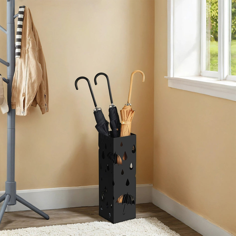 Metal Umbrella Stand – Metal – Black – Square Design with Hooks and Drip Tray