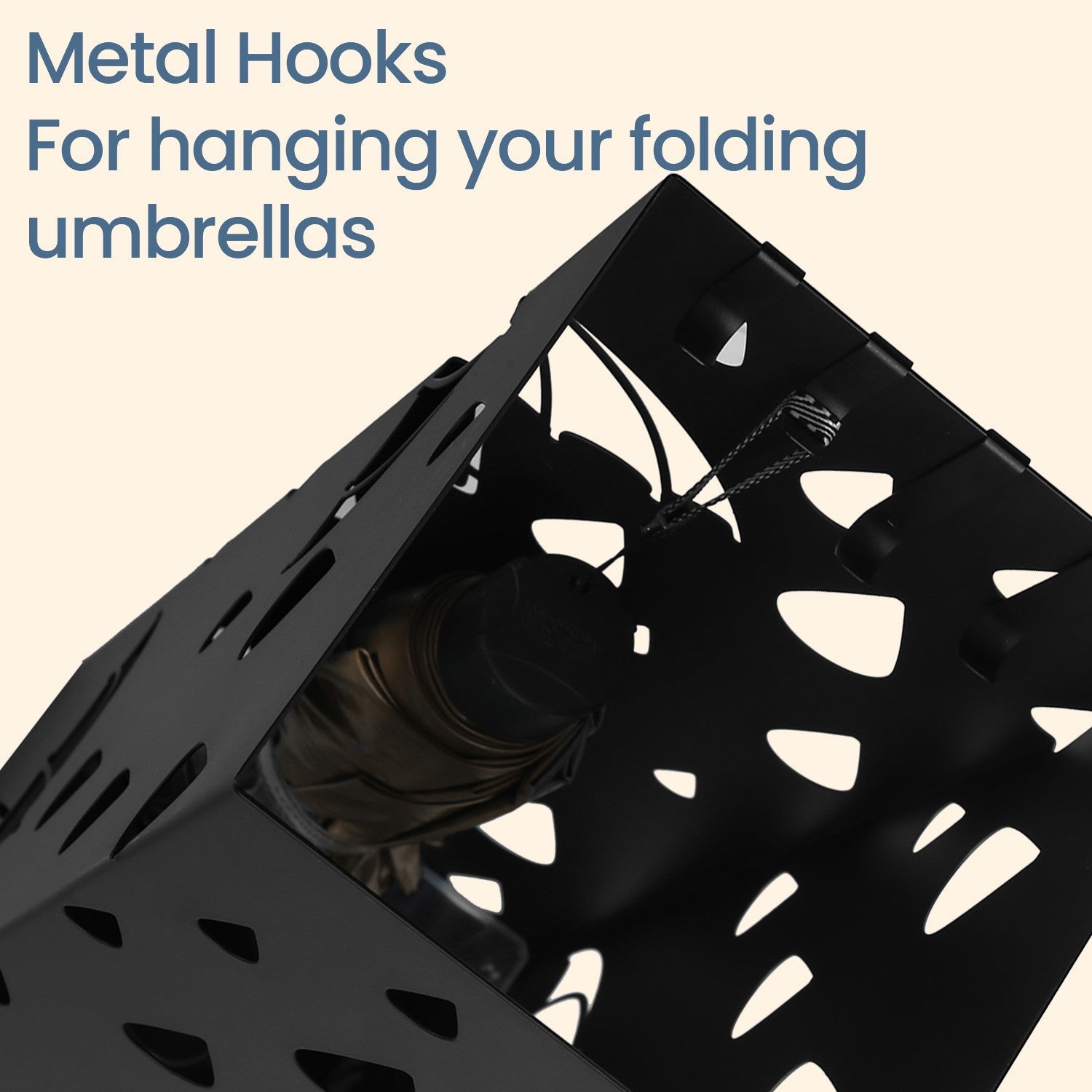 Metal Umbrella Stand – Metal – Black – Square Design with Hooks and Drip Tray