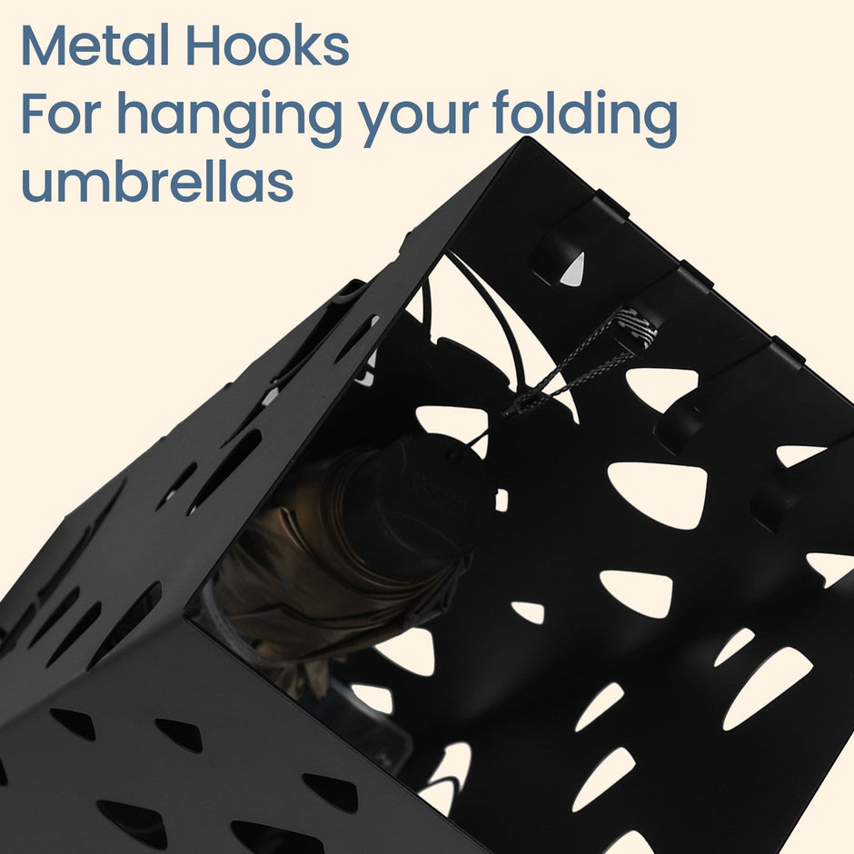 Metal Umbrella Stand – Metal – Black – Square Design with Hooks and Drip Tray