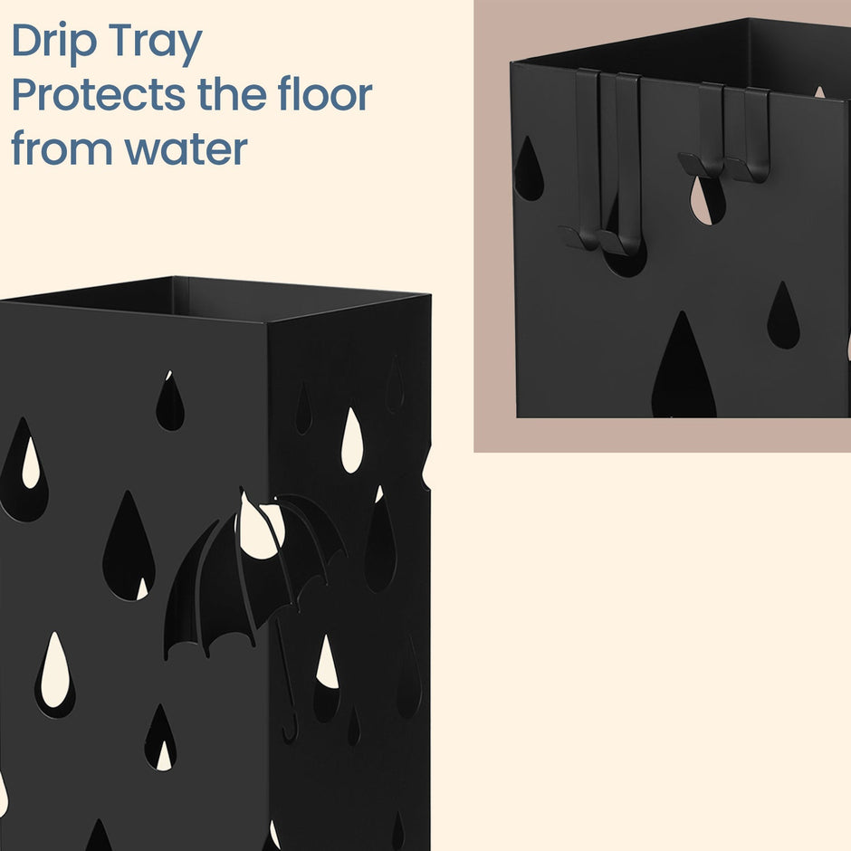 Metal Umbrella Stand – Metal – Black – Square Design with Hooks and Drip Tray