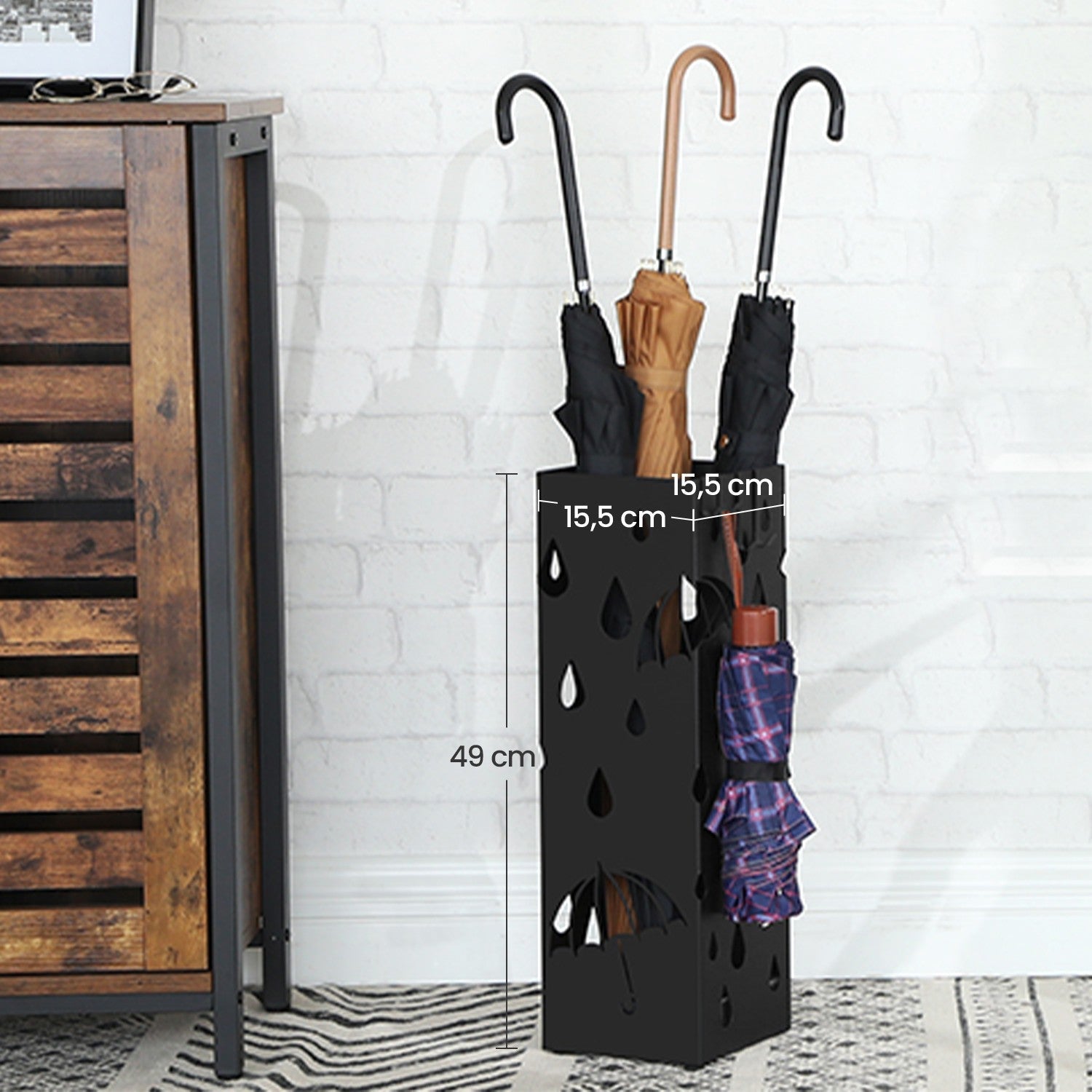 Metal Umbrella Stand – Metal – Black – Square Design with Hooks and Drip Tray