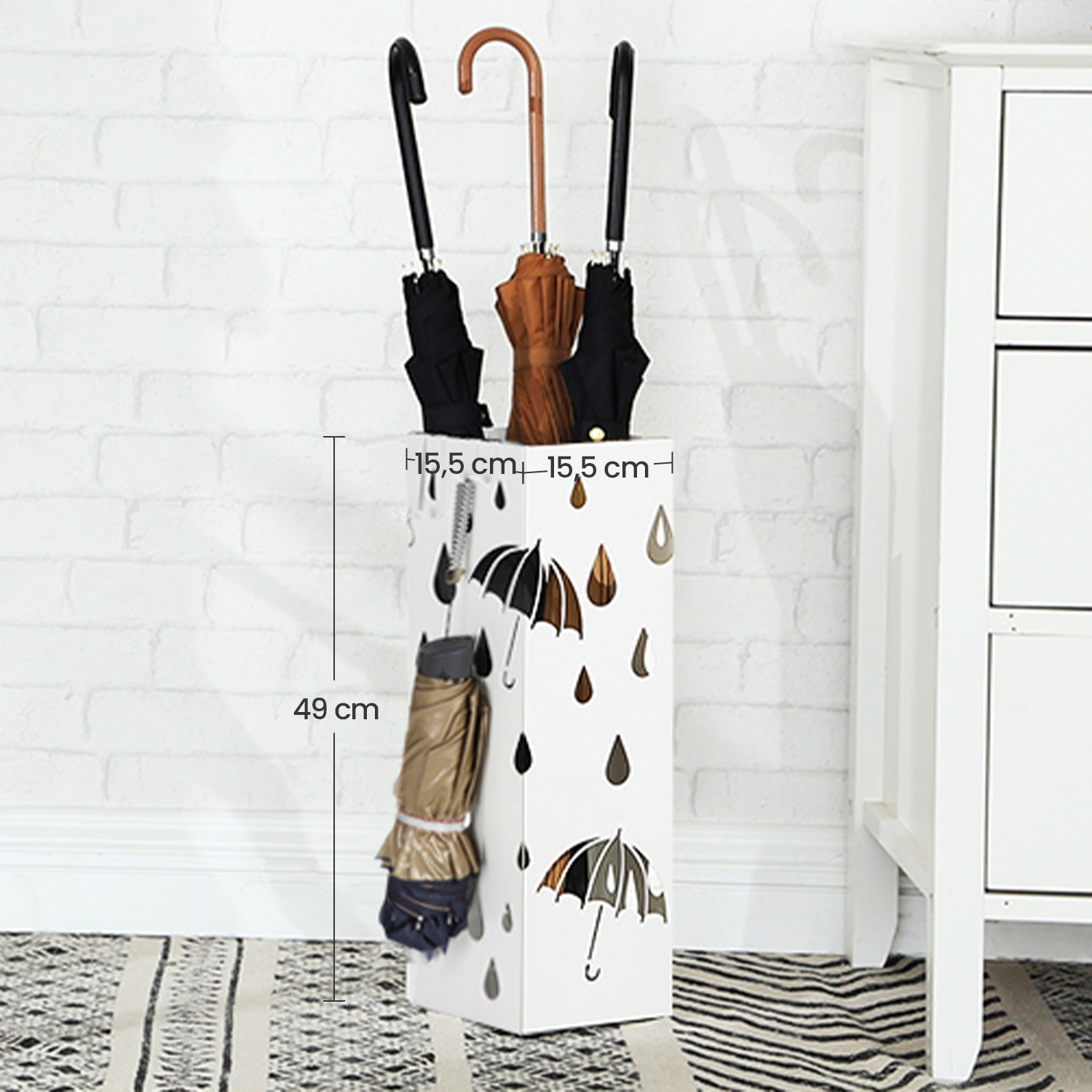 Umbrella Stand – Metal – White – Equipped with Hooks and Drip Tray