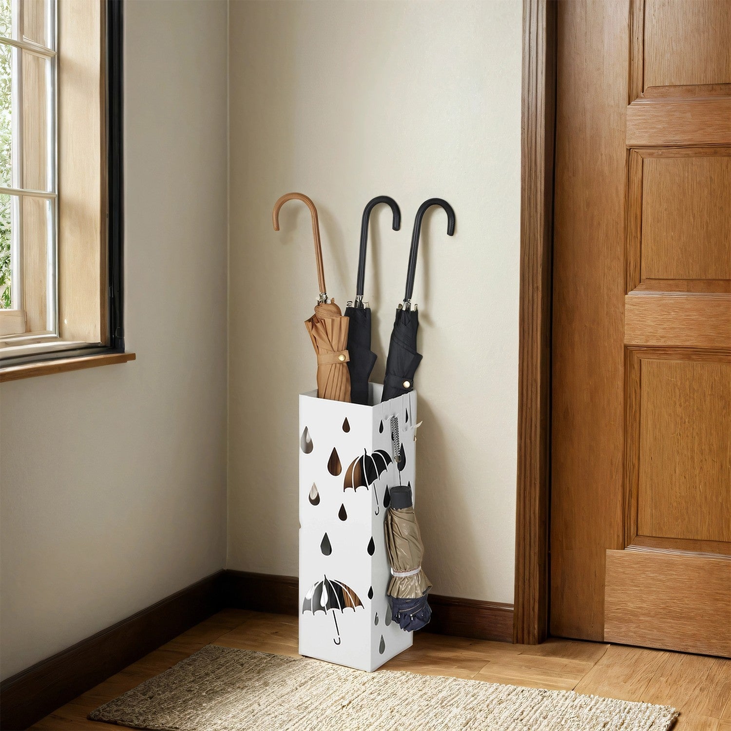 Umbrella Stand – Metal – White – Equipped with Hooks and Drip Tray
