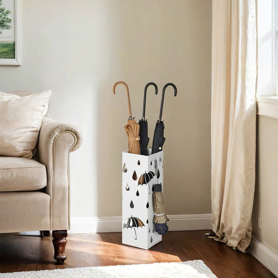 Umbrella Stand – Metal – White – Equipped with Hooks and Drip Tray
