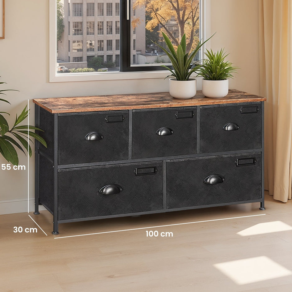 Fabric Chest of Drawers – Metal Frame – Rustic Brown and Black – Wide Storage Unit with 5 Drawers
