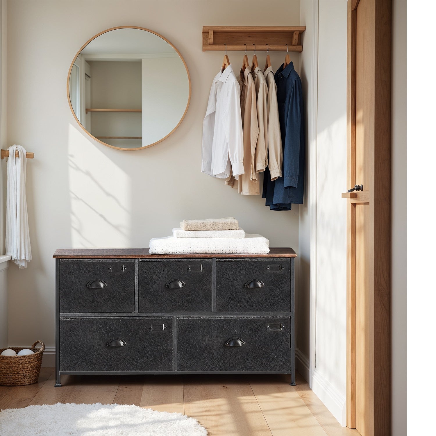 Fabric Chest of Drawers – Metal Frame – Rustic Brown and Black – Wide Storage Unit with 5 Drawers