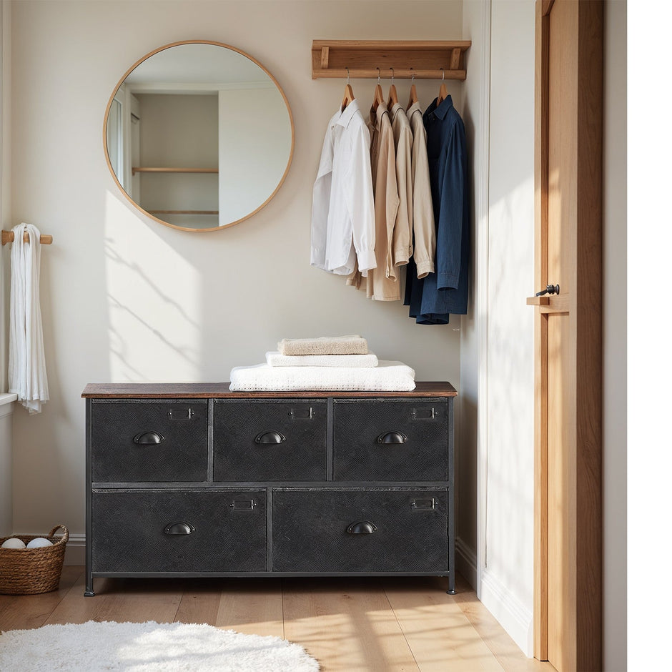 Fabric Chest of Drawers – Metal Frame – Rustic Brown and Black – Wide Storage Unit with 5 Drawers
