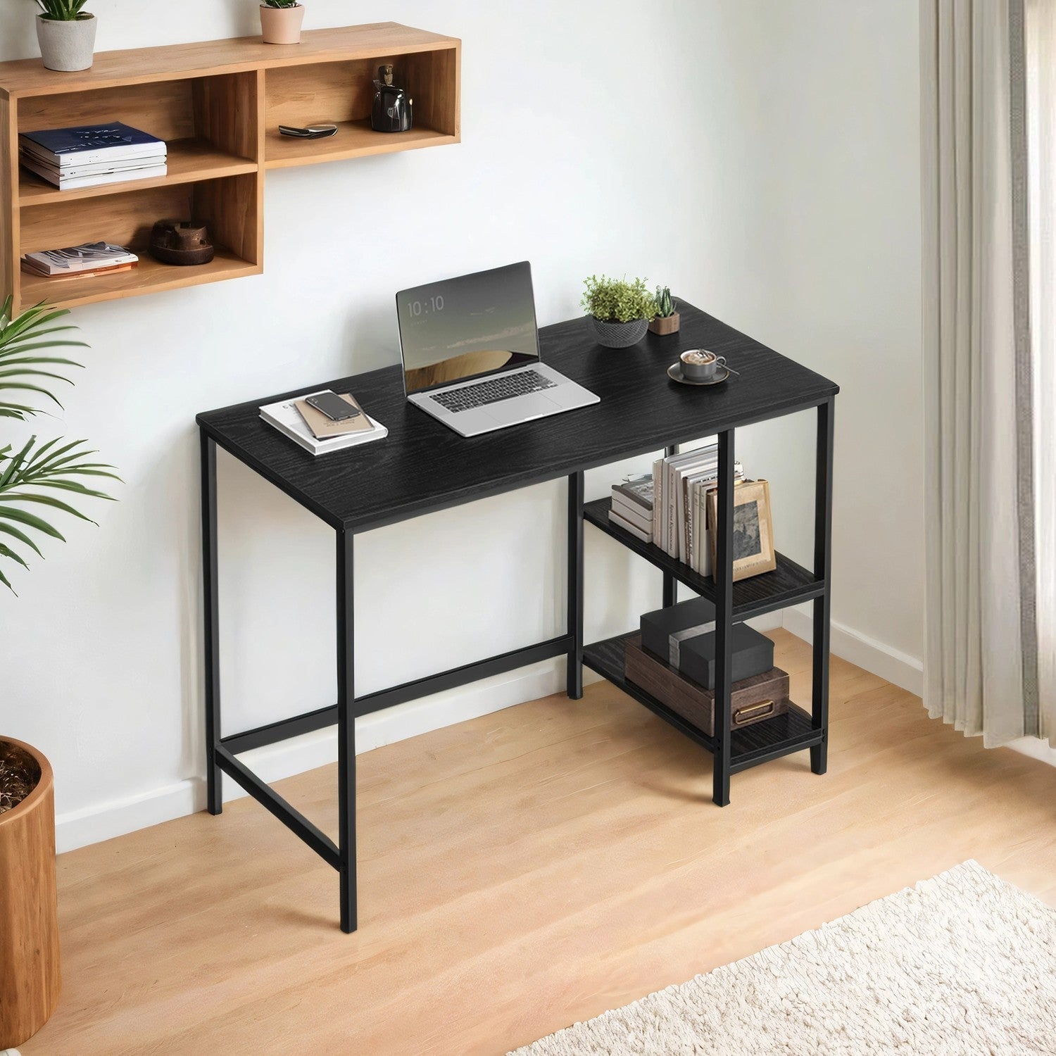 Home Office Desk – Steel – Black – Modern Design with 2 Shelves