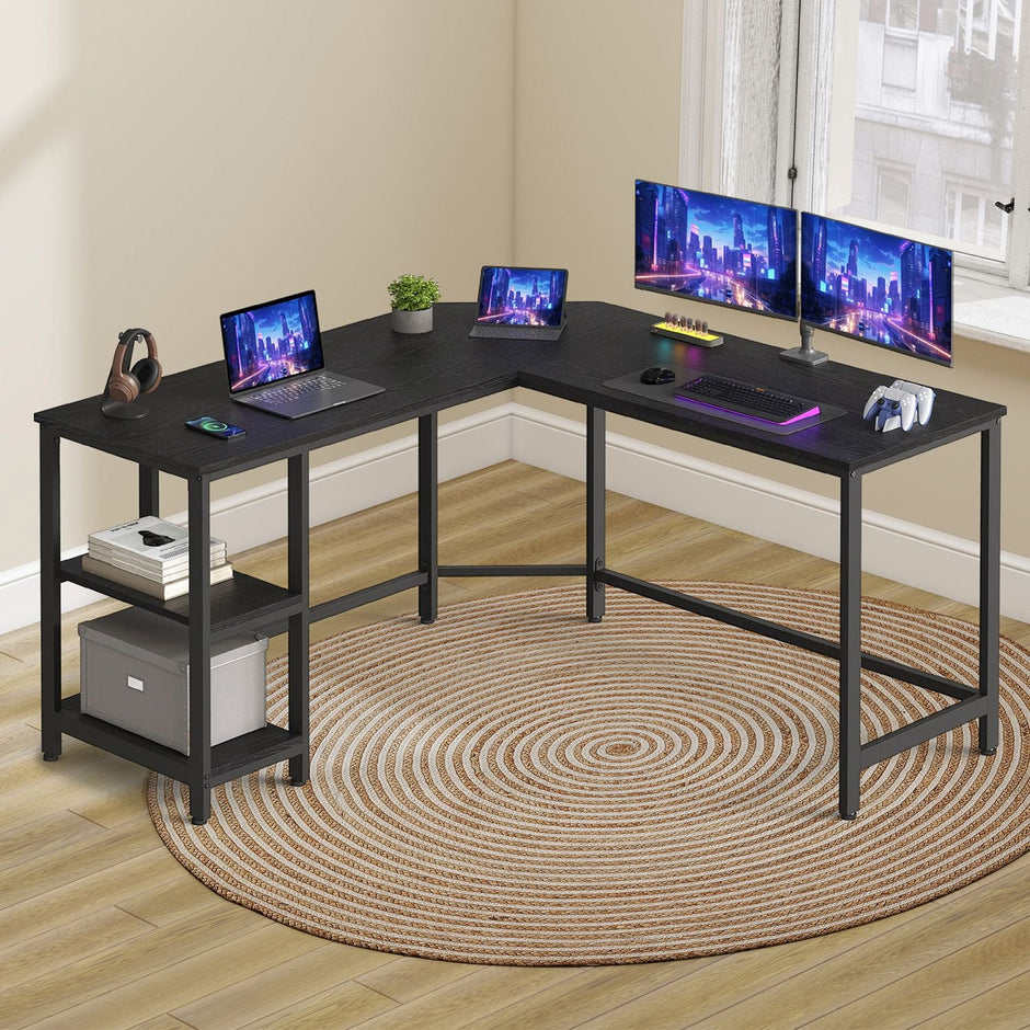 L-Shaped Corner Computer Desk – Wood – Ebony Black – Space-Saving with Storage Shelves