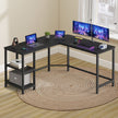 L-Shaped Corner Computer Desk – Wood – Ebony Black – Space-Saving with Storage Shelves