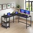 L-Shaped Corner Computer Desk – Wood – Ebony Black – Space-Saving with Storage Shelves