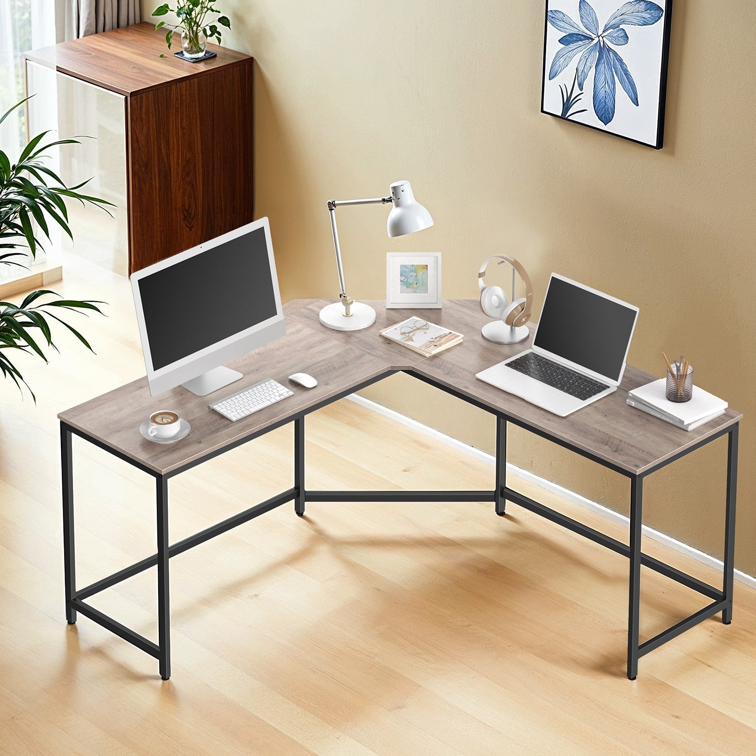 L-Shaped Computer Desk – Wood and Metal – Greige and Black – Industrial Design, Space-Saving, Easy Assembly