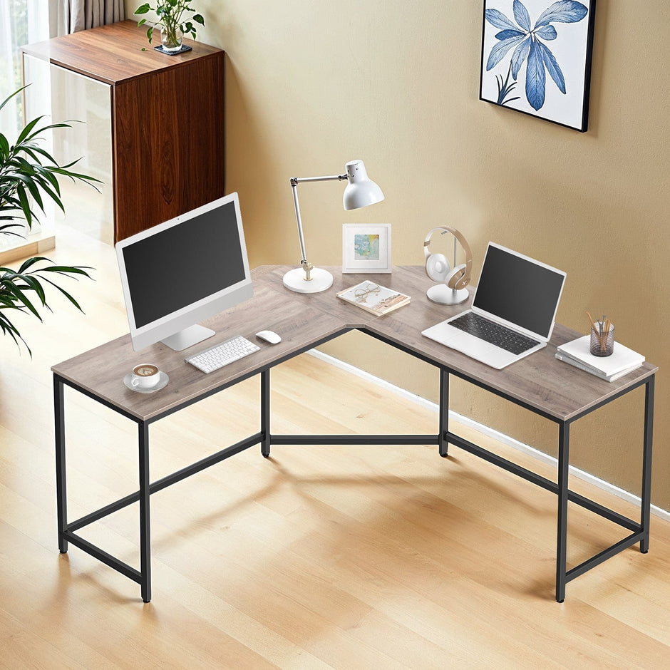 L-Shaped Computer Desk – Wood and Metal – Greige and Black – Industrial Design, Space-Saving, Easy Assembly