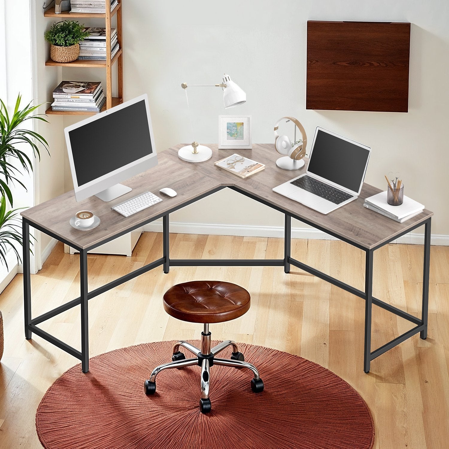L-Shaped Computer Desk – Wood and Metal – Greige and Black – Industrial Design, Space-Saving, Easy Assembly