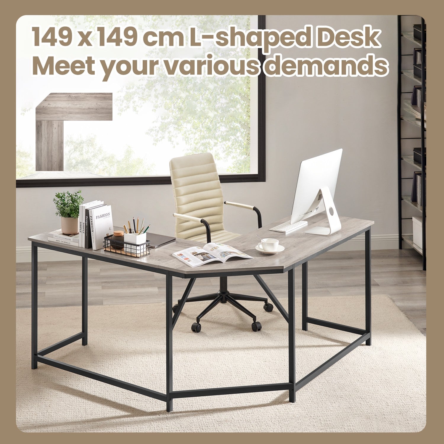 L-Shaped Computer Desk – Wood and Metal – Greige and Black – Industrial Design, Space-Saving, Easy Assembly