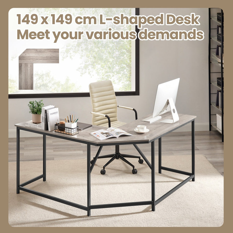 L-Shaped Computer Desk – Wood and Metal – Greige and Black – Industrial Design, Space-Saving, Easy Assembly