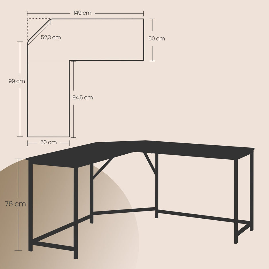 L-Shaped Computer Desk – Wood and Metal – Greige and Black – Industrial Design, Space-Saving, Easy Assembly