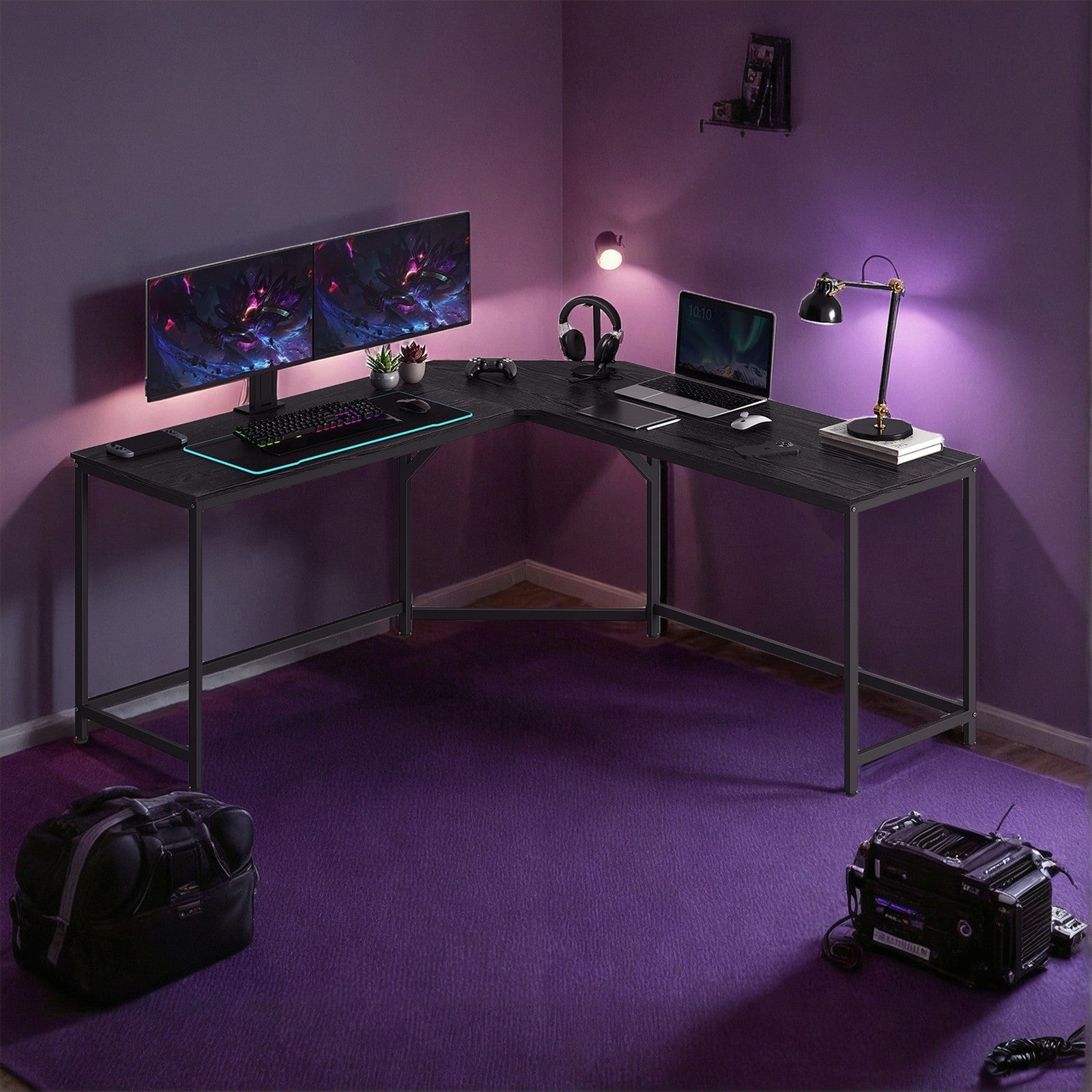 L-Shaped Computer Desk – Wood and Metal – Greige and Black – Industrial Design, Space-Saving, Easy Assembly
