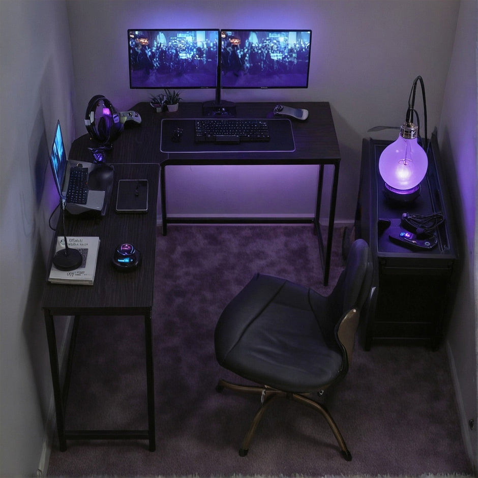L-Shaped Computer Desk – Wood and Metal – Greige and Black – Industrial Design, Space-Saving, Easy Assembly